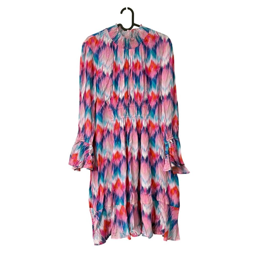 Ranna Gill Multicolor Abstract Chevron Smocked Neck Long Sleeve Dress Medium